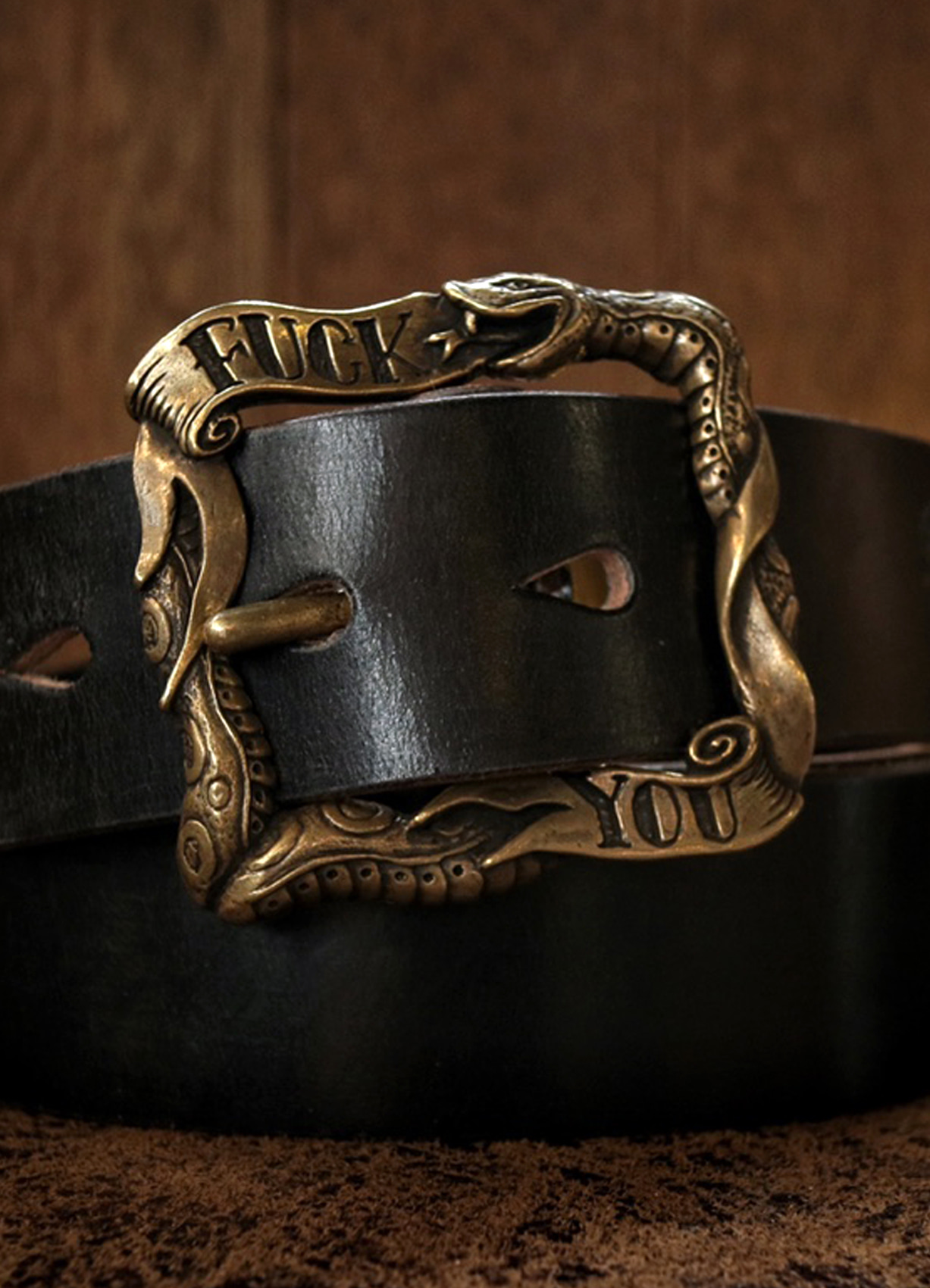 Snake F Word Leather Belt Brass (Qs Leather x Sheen666)